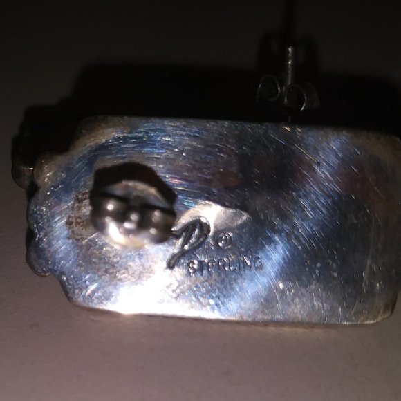 White Buffalo Turquoise and SS Signed Earrings - Picture 2 of 2